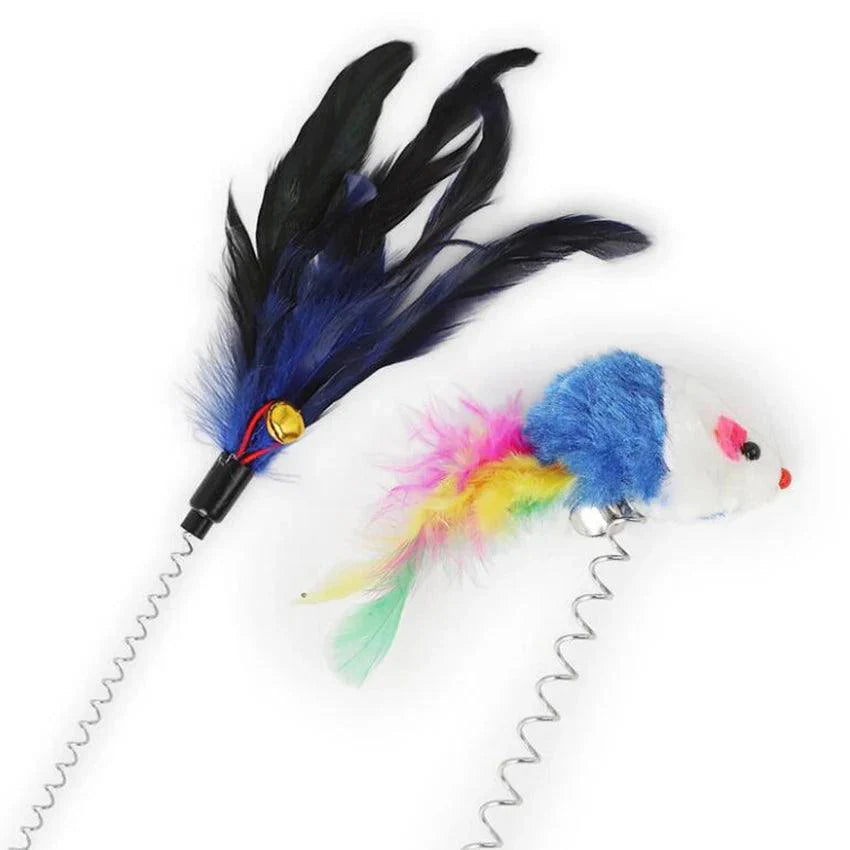 Cat Toys Artificial Feather Mouse Toy with Bell, Metal Wire Spring Suction Cup, Pet Funny Interactive Play Feather Toys