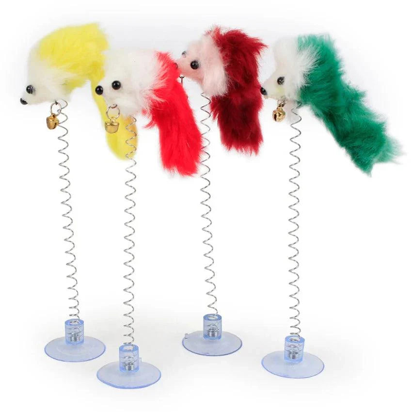 Cat Toys Artificial Feather Mouse Toy with Bell, Metal Wire Spring Suction Cup, Pet Funny Interactive Play Feather Toys