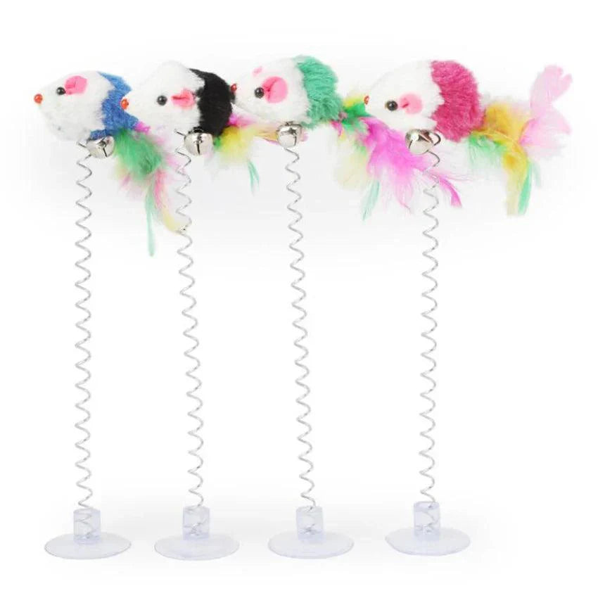 Cat Toys Artificial Feather Mouse Toy with Bell, Metal Wire Spring Suction Cup, Pet Funny Interactive Play Feather Toys