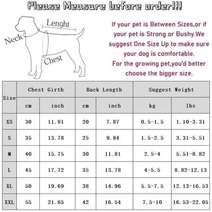 Refreshing vest for dogs, size chart